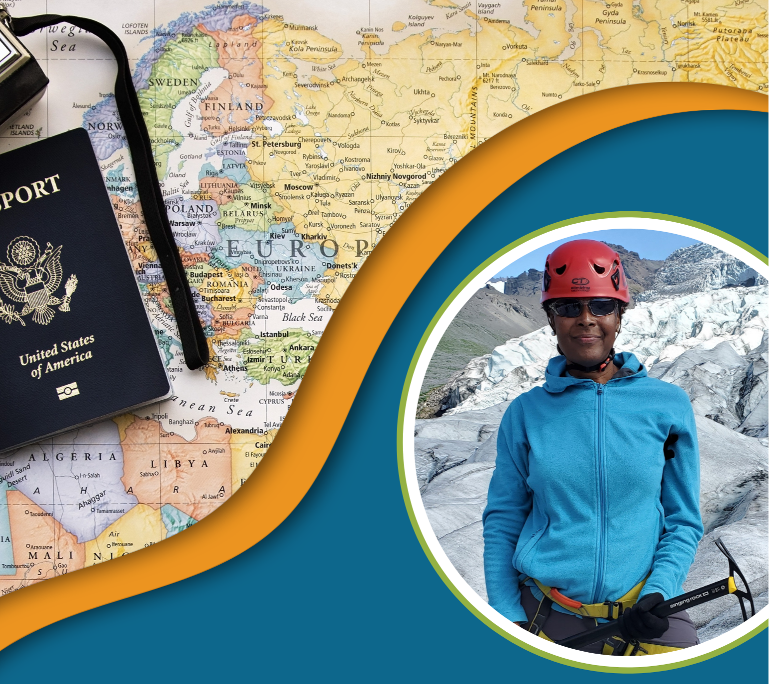 Image of a partial map and partial USA passport on orange and blue background with an image of a black female hiker posing with an ice pick on a glacier in Iceland.