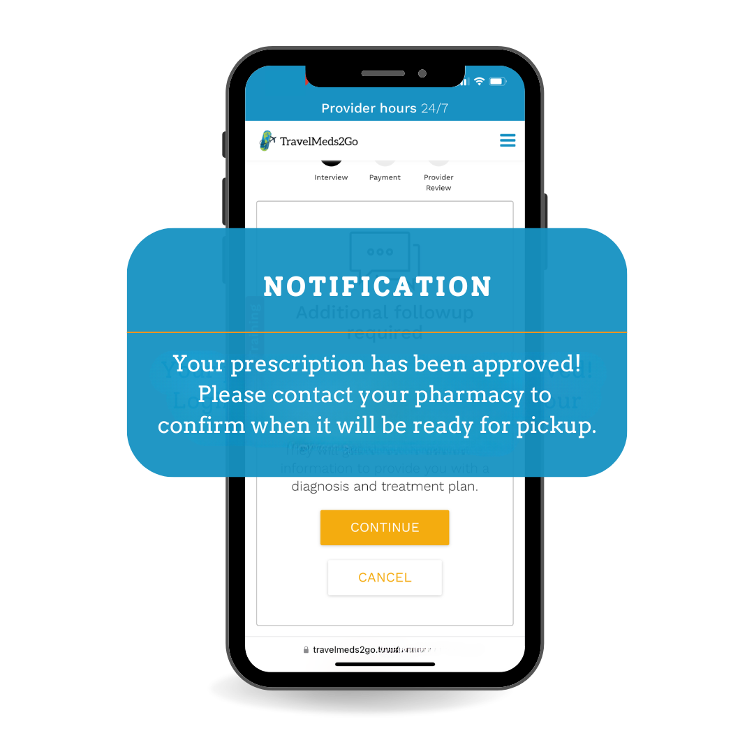 Prescription approved notification and pickup instructions from TravelMeds2Go