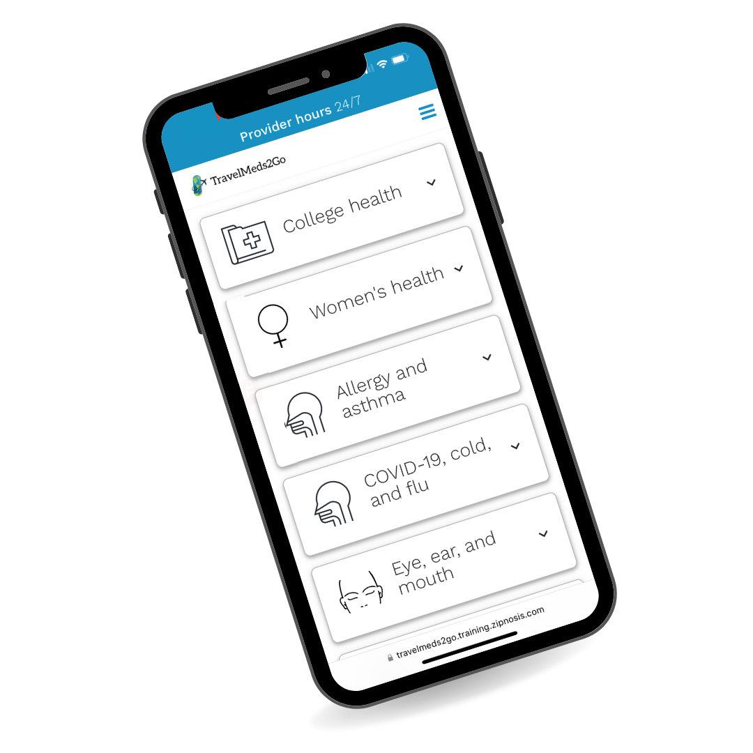 Online health questionnaire for patients to share symptoms with TravelMeds2Go physicians.